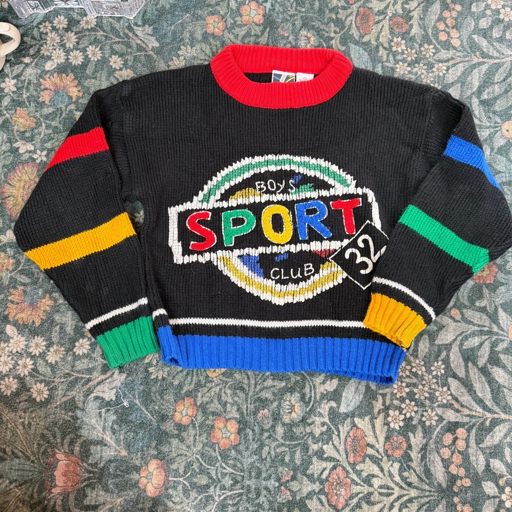 Vintage Electric Kids Sport Club 32 Knit Sweater Black Multicolor Size 7 80s 90s